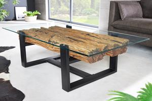 Invicta Interior salontafel BARRACUDA 130cm gerecycled teak glazen blad zwart roestvrij staal industrieel - 43344