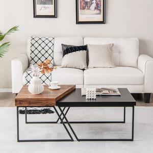 Costway Set van 2 Salontafels Moderne Zwart en Bruin Stapelbare Bijzettafel met Gepoedercoate Metalen Poten Trapeziumvormige Nesttafel