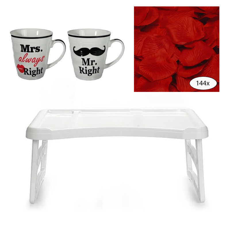 Merkloos Bedtafel en Koffiebeker set - Mr Right en Mrs Always Right - Valentijn cadeautje voor hem / haar -