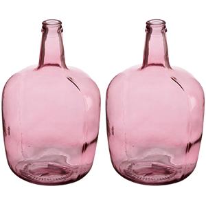 Giftdecor Bloemenvazen 2x stuks - flessen model - glas - roze transparant - 22 x cm -