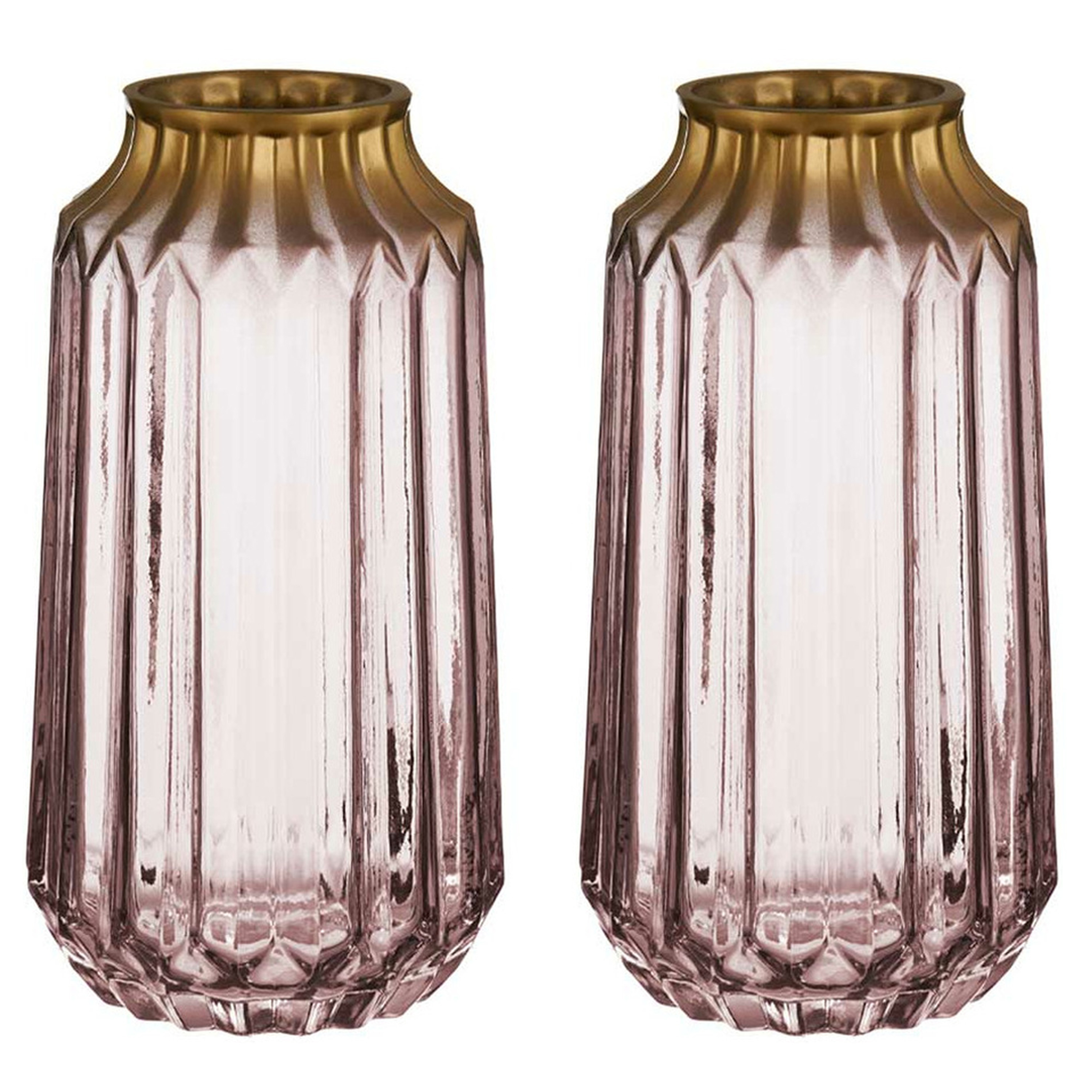 Giftdecor Bloemenvazen 2x stuks - luxe deco glas - roze transparant/goud - 13 x 23 cm -