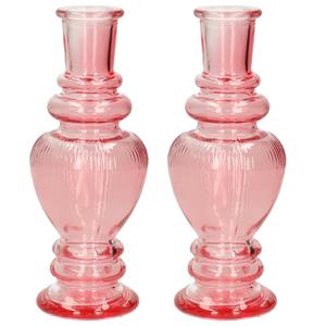 Ideas 4 Seasons Bloemenvaas Venice - 2x - voor kleine stelen/boeketten - gekleurd glas - ribbel roze - D5,7 x H15 cm -