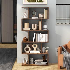 Costway 5-Vaks Boekenkast S-Vormige Geometrische Vrijstaande Ruimteverdeler Decoratieve Industriële Plank voor Woonkamer Huis Kantoor Bruin