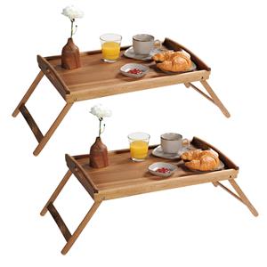 Merkloos Set van 2x stuks acacia houten dienbladen 35 x 55 cm met inklapbare poten -