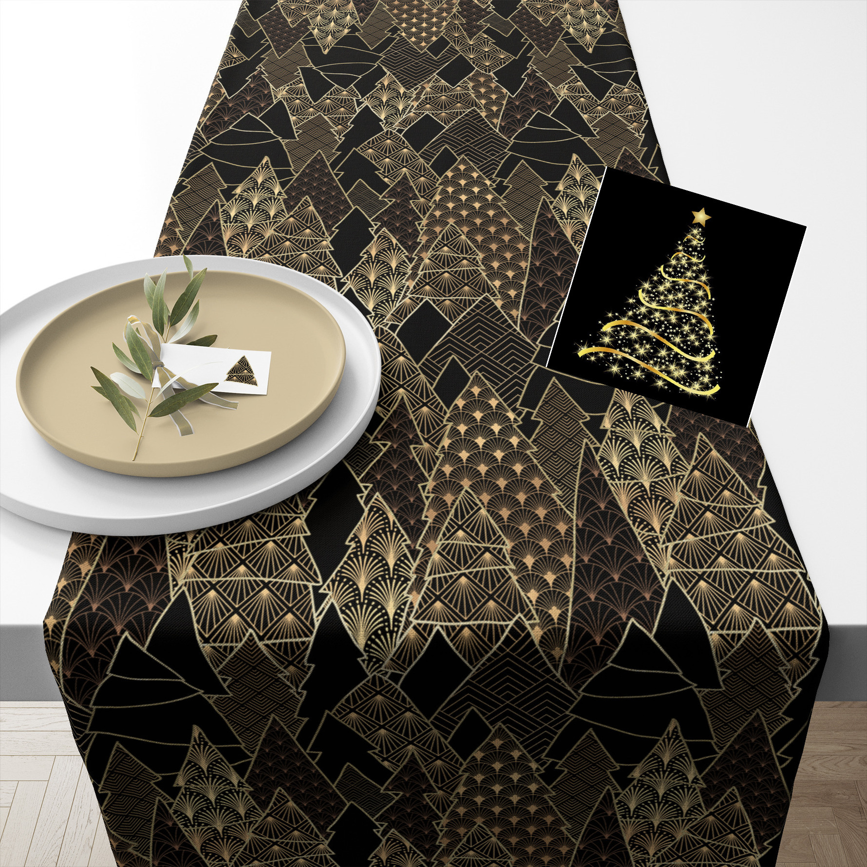 Atmosphera Tafelloper x 150 cm met 20x st servetten - kerst thema - zwart/goud -