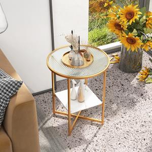 Costway Ronde Bijzettafel Golvend Gehard Glazen Bankuiteinde Verguld Metalen Frame Faux Marmeren Plank Kleine Moderne Salontafel 50 x 50 x 60 cm