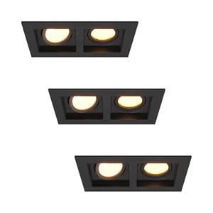 HOFTRONIC™ Set van 3 Fresno Dubbele Inbouwspots - Rechthoek - 2x GU10 - 2700K Warm wit - 10 Watt 800 lumen - Kantelbaar - IP20 stofdicht- Zwart - Met kabelconnectoren