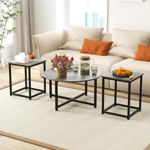 Costway 3-Delige Salontafelset Ronde Salontafel en 2 Vierkante Bijzettafels met Stevig Metalen Frame 3 Moderne Salontafels Bruin/Wit/Grijs