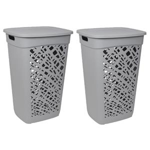 EDA 2x stuks wasmanden/wasboxen met deksel grijs kunststof L43 x B36 x H63 cm -