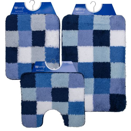 Wicotex  Badmat Set - Badmat - Toiletmat - Bidetmat Blauw Wit Geblokt - Antislip Onderkant