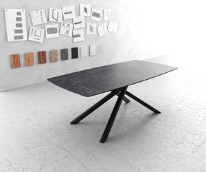 DELIFE Esstisch Edge Bootsform 200x100cm Laminam Keramik Nero Greco Grau Mittelfuß Kreuz Schwarz