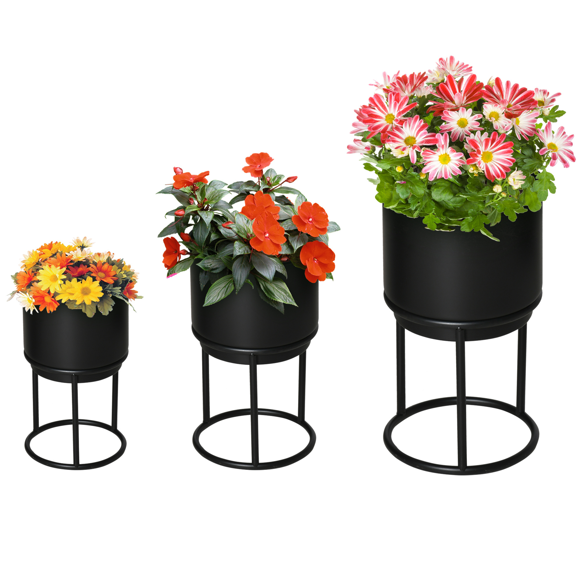 Sunny set van 3 bloemstandaards met bloempot van metaal zwart