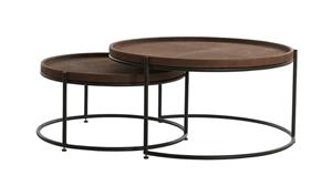 Light & Living Ronde Salontafel Jairo Leder en metaal, Set van 2 stuks - Bruin