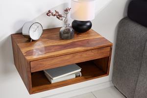Invicta Interior Hangend nachtkastje PURE 50 cm bruin sheesham massief houten plank met lade - 43943