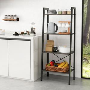 Costway 4-Shelf Boekenkast Plank met Metalen Frame Anti-Tip Kit en Verstelbare Poten Plant Plank voor Woonkamer Keuken Kantoor Bruin