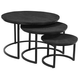 I-Catchers Industriële bijzettafel rond massief Mango zwart | Set van 3