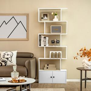 Costway Boekenplank 6-Laags S-vormige Boekenkast Decoratieve Opbergplanken 70 x 23 x 183 cm Wit