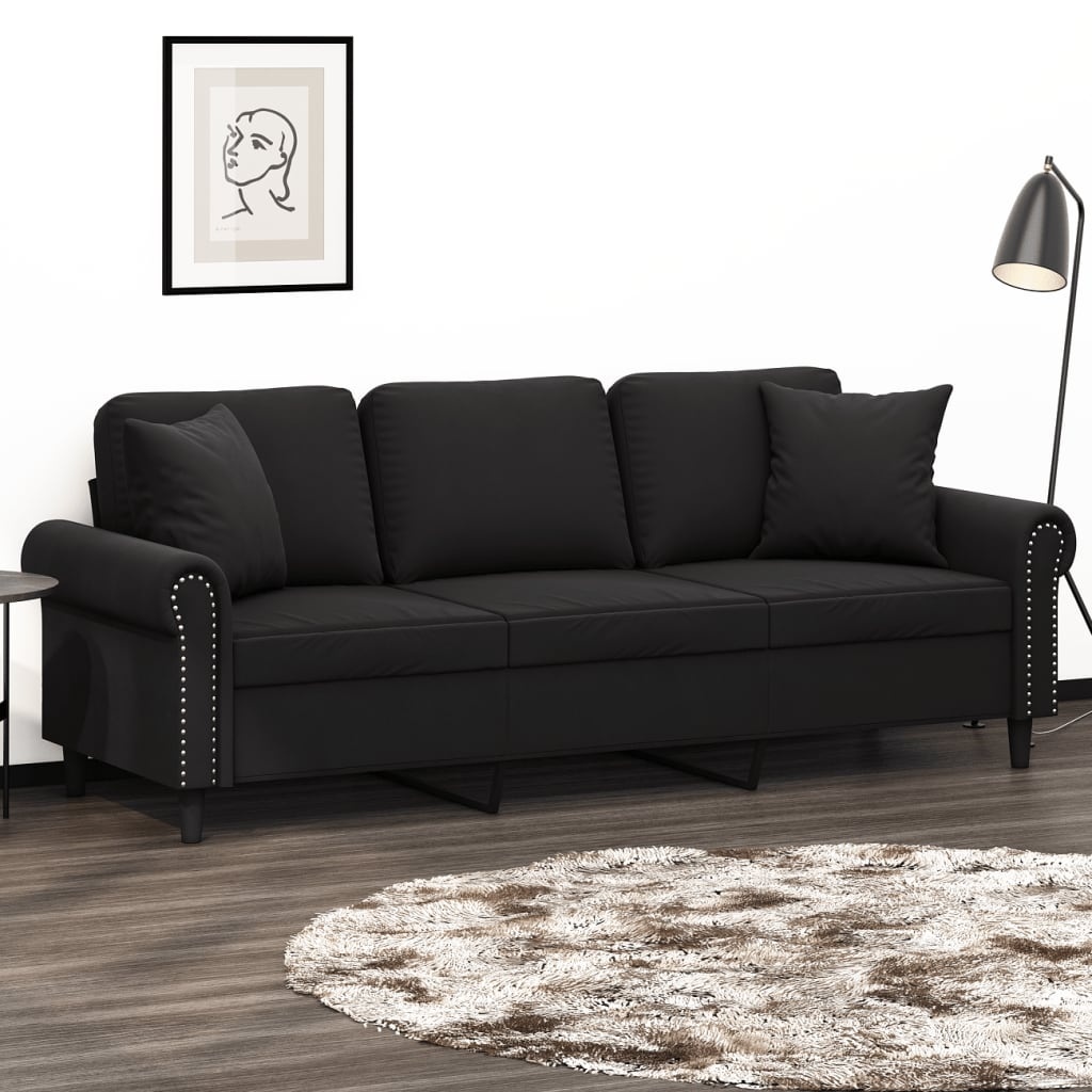 vidaXL Sofa 3-Sitzer-Sofa mit Zierkissen Schwarz 180 cm Samt