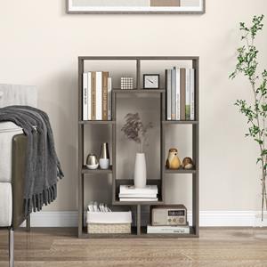 Costway Geometrische Boekenkast met 7 Kubussen Moderne en Decoratieve Open Hoekplank Kamerscherm Opbergrek Grijs/Natuurlijk/Wit