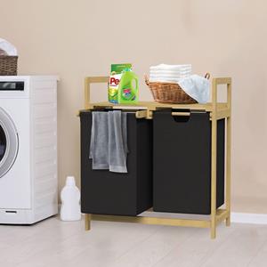 Wäschekorb aus Bambus, Schwarz, mit 2 ausziehbaren Wäschesäcken 60L - Ml-design