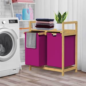 Wäschekorb aus Bambus, Magenta, mit 2 ausziehbaren Wäschesäcken 60L - Ml-design