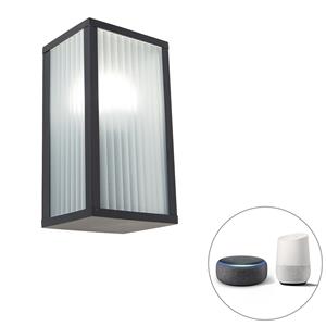 qazqa Smarte Außenwandleuchte schwarz mit geripptem Glas inkl. wlan A60 - Charlois - Schwarz