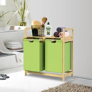 Wäschekorb aus Bambus, Grün, mit 2 ausziehbaren Wäschesäcken 60L - Ml-design