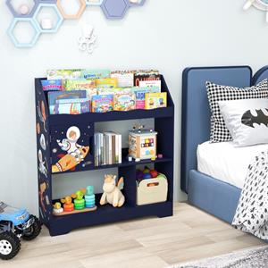 Costway 3-In-1 Speelgoedrek 3 Etages Kinderrek met Opbergvakken en Deur Speelgoedorganizer Boekenrek voor Kinderen 93 x 30 x 100 cm (Blauw)