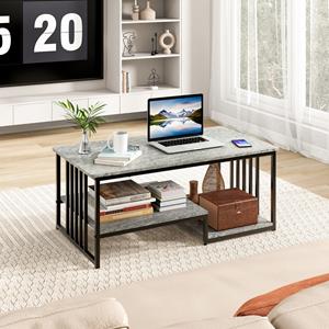 Costway Imitatie Marmeren Salontafel Rechthoekige 2-Tier Centrale Tafel met Open Opbergplank Lange Moderne Cocktailtafel met Metalen Frame Grijs