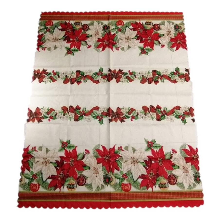 Gerimport Kerst thema print tafelkleed van 150 x 180 cm - Kerstbloemen print in ecru/groen/rood -
