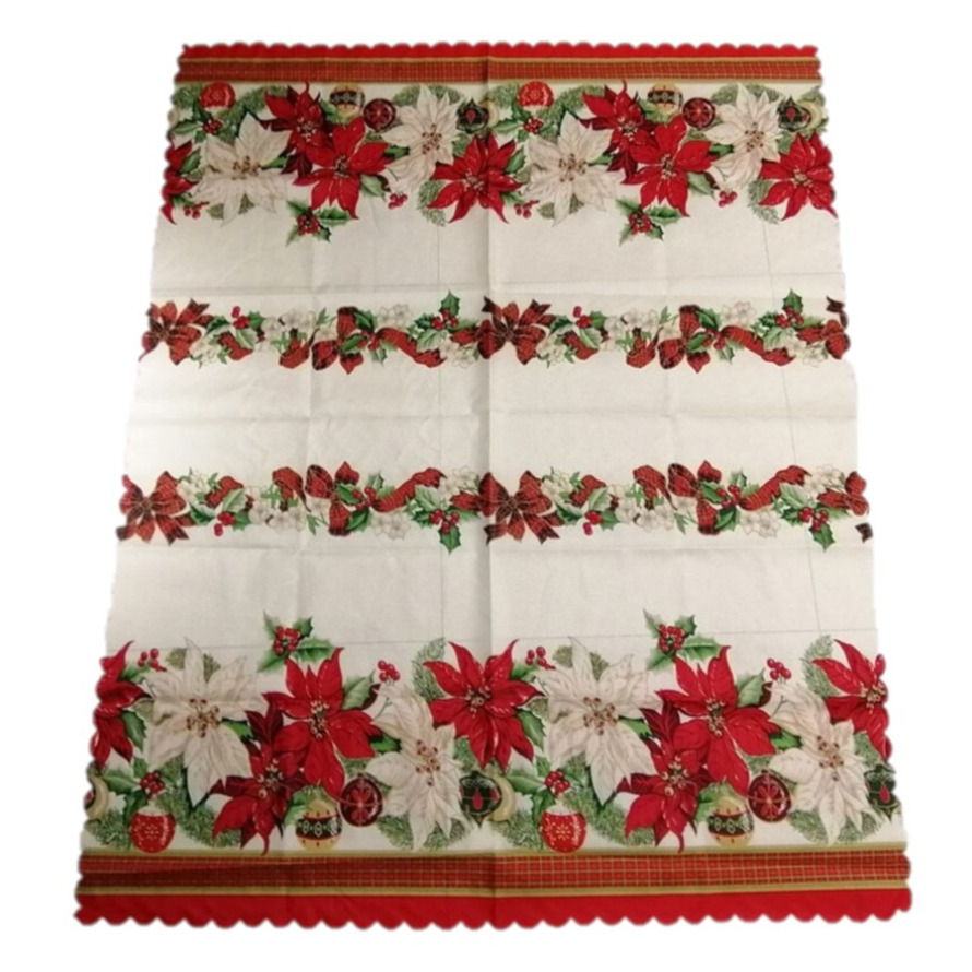 Gerimport Kerst thema print tafelkleed van 150 x 250 cm - Kerstbloemen print in ecru/groen/rood -