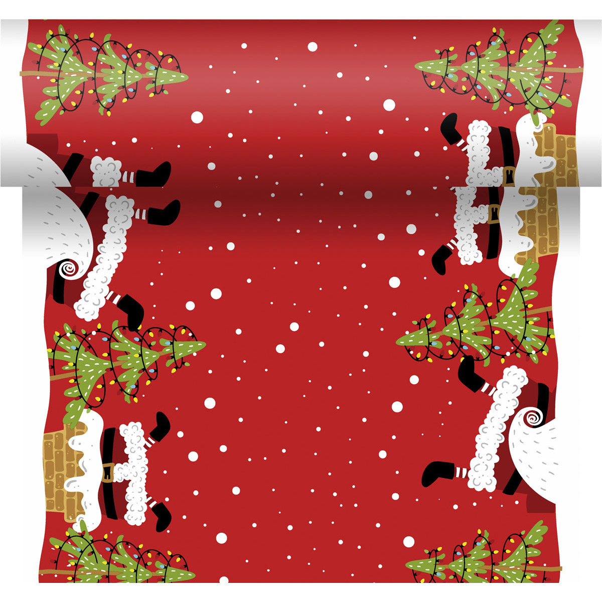 Duni Kerst thema tafellopers/placemats rood met kerstmannen en kerstbomen x 480 cm -
