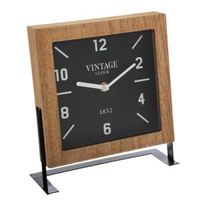 Tafelklok Swiss op standaard - bruin/zwart - Dia 20 cm - glas/metaal/mdf -