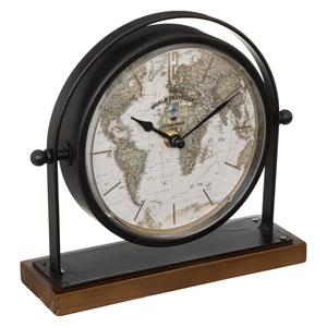 Tafelklok Earth Map - zwart - H21 cm - Dia klok 16 cm - glas/metaal/mdf - op standaard -