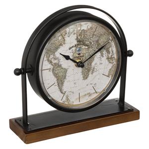 Atmosphera Tafelklok Earth Map - zwart - H21 cm - Dia klok 16 cm - glas/metaal/mdf - op standaard -