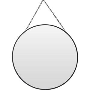 Spiegel/wandspiegel met ophangketting - rond - zwart - metaal - D29 cm -