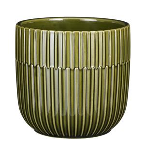 Mica Decorations Plantenpot/bloempot keramiek glans donkergroen stripes patroon - D14/H13 cm -