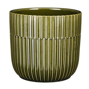 Mica Decorations Plantenpot/bloempot keramiek glans donkergroen stripes patroon - D17.5/H16 cm -