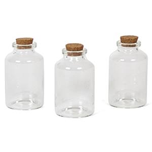 3x Kleine transparante glazen flesjes met kurken dop 30 ml -