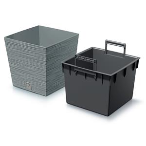 Prosperplast Plantenpot/bloempot Furu Stripes - voor buiten - kunststof - lichtgrijs - vierkant - D24 x H23.5 cm -