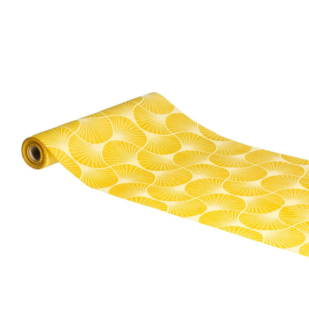 Chaks Tafelloper op rol - ginkgo print - geel - 28 x 300 cm - polyester -