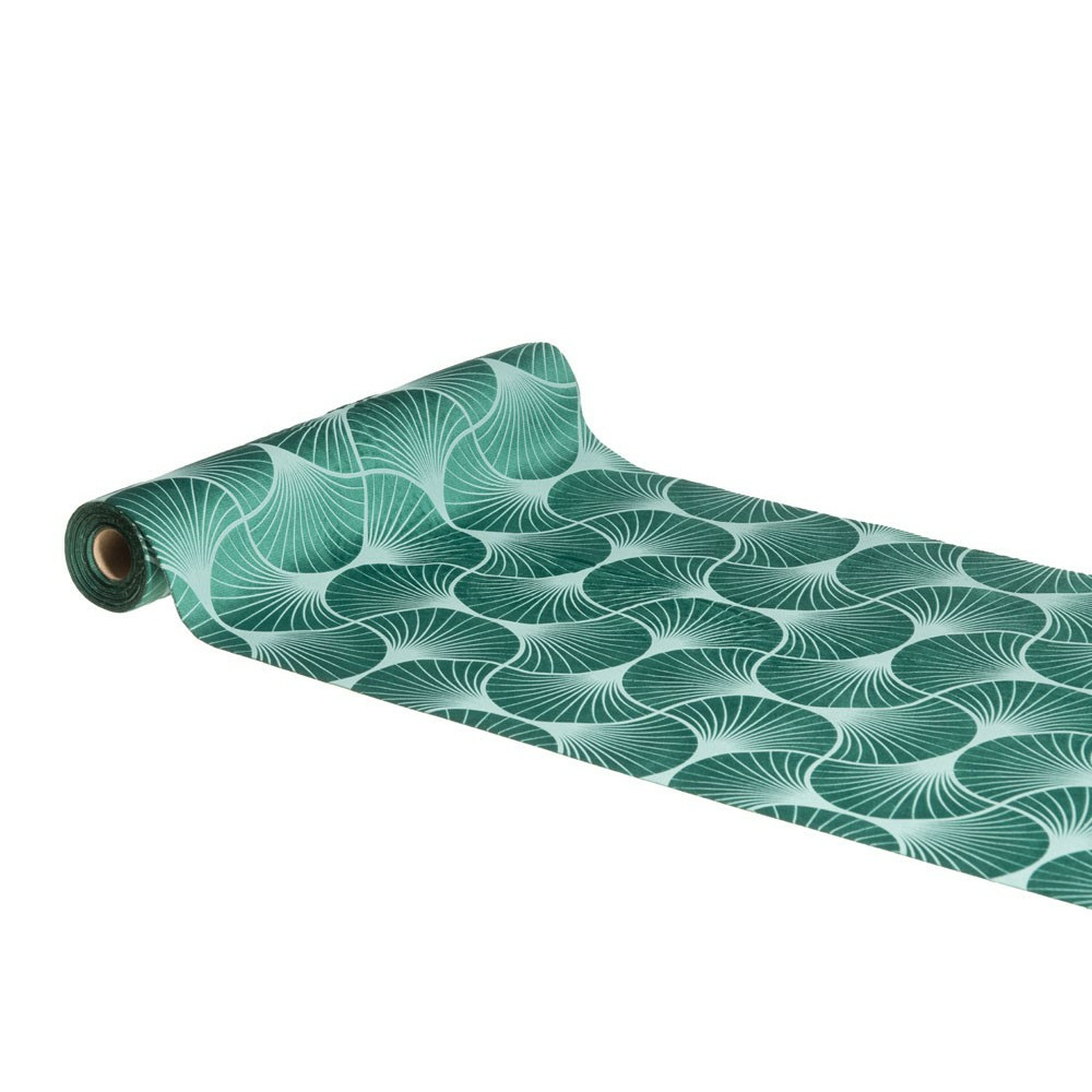 Chaks Tafelloper op rol - ginkgo print - malagiet groen - 28 x 300 cm - polyester -