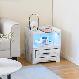 Costway Set van 2 Nachtkastjes met Ledlicht USB-Poort en Type C-Laadstation Nachtkastje met Bewegingssensor Bijzettafel met Open Vak Wit