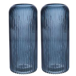 Bellatio Design Bloemenvaas ribbel - 2x - denim blauw - transparant glas - D9 x H20 cm -