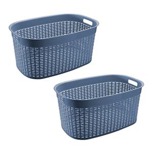 Hega Hogar Rotan line wasmand - 2x - blauw - inhoud liter - kunststof - x x 27 cm - met handvatten -