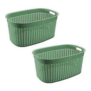 Hega Hogar Rotan line wasmand - 2x - groen - inhoud liter - kunststof - x x 27 cm - met handvatten -