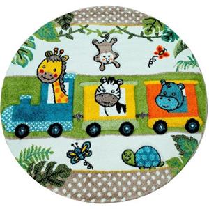 Paco Home Kinderteppich "Diamond 635", rund, 3D-Design, Motiv verspielte Zootiere im Zug, Kinderzimmer