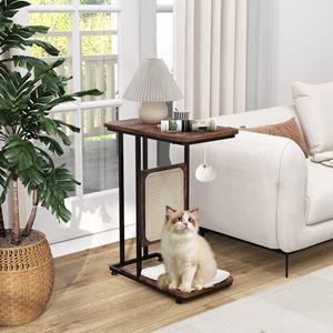 Costway Bijzettafel met Sisal-Krabplank 4-In-1 Kattenmeubel Katten Kattenkrabber met Afneembaar Kussen en Bal Krabplanken in Meubelstijl Bruin