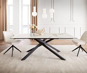 DELIFE Esstisch Edge 200x100 Keramik Calacatta Luxe Weiß-Gold-Grau Kreuzgestell Rechteck Schwarz