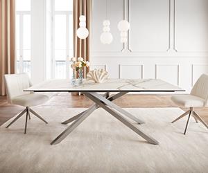 DELIFE Esstisch Edge 200x100 Keramik Calacatta Luxe Weiß-Gold-Grau Kreuzgestell Rechteck Edelstahl